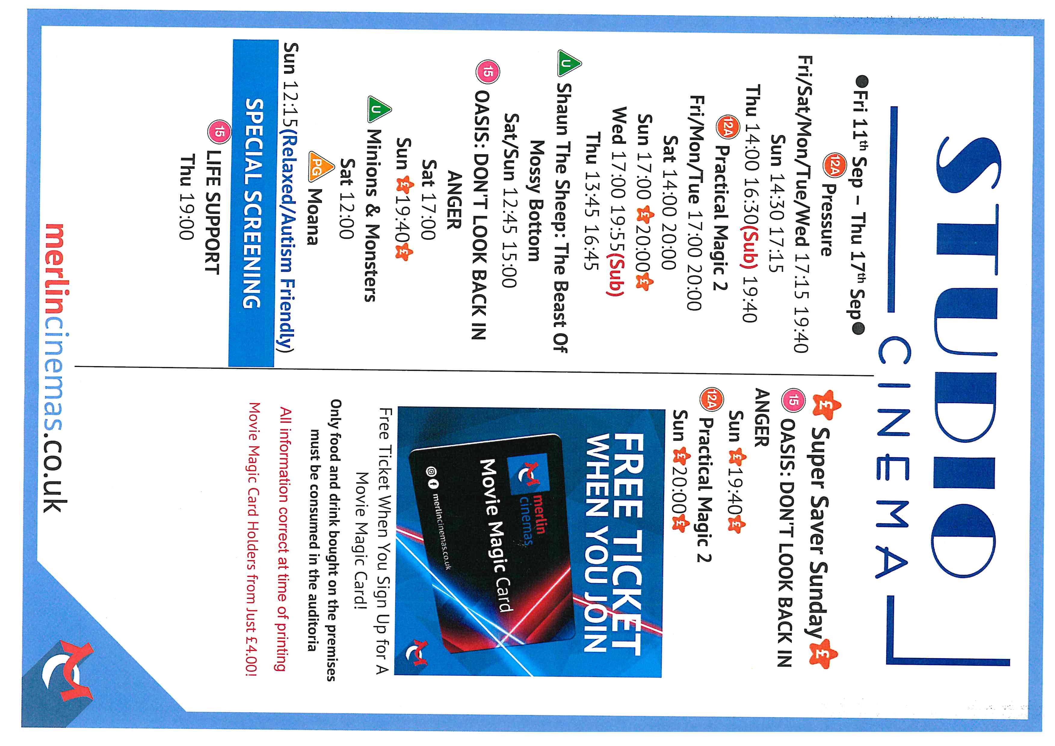 Studio Cinema Listings. 11th Sept - 17th Sept. www.merlincinemas.co.uk